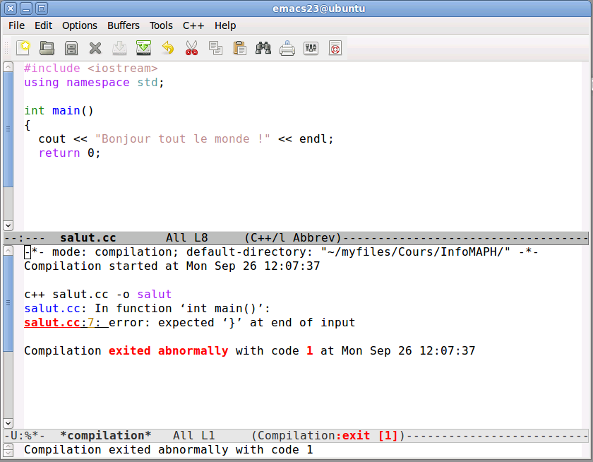 Erreur de compilation dans Emacs